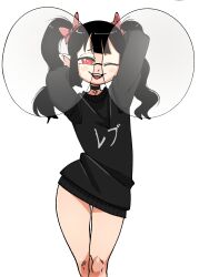 1girl :3 absurdres arms_behind_head arms_up black-framed_eyewear black_choker black_hair black_sweater blunt_bangs blush_stickers bow character_name choker commentary cross_pendant english_commentary fangs feet_out_of_frame flat_chest glasses hair_bow highres indie_virtual_youtuber long_hair looking_at_viewer nuclear_wasabi one_eye_closed open_mouth oversized_eyewear pendant_choker pointy_ears red_bow red_eyes rev_says_desu ringed_eyes round_eyewear sidelocks simple_background smile solo standing straight_hair sweater teeth twintails upper_teeth_only virtual_youtuber white_background