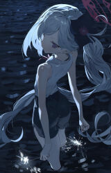 Rule 34 | 1girl, absurdres, bare arms, bare shoulders, black flower, black skirt, blue archive, closed mouth, dan nako, flower, from behind, hair flower, hair ornament, halo, highres, holding, holding fireworks, looking at viewer, mutsuki (blue archive), partially submerged, pink halo, pointy ears, ponytail, purple eyes, shirt, skirt, sleeveless, sleeveless shirt, smile, solo, white hair, white shirt