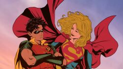 1boy 1girl absurdres batman_(series) black_hair blonde_hair cape dc_comics dick_grayson eye_mask flying gloves highres kara_danvers long_hair lucas_meyer robin_(dc) supergirl superhero_costume superman_(series) superman_logo
