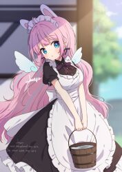 1girl ahoge animal_ears apron artist_name black_dress blue_eyes blue_hair blurry blurry_background blush bow bowtie breasts bucket collared_dress day depth_of_field detached_wings dress frilled_apron frilled_dress frills holding holding_bucket illunetta long_hair looking_at_viewer maid maid_apron maid_headdress medium_breasts mini_wings multicolored_hair original outdoors parted_lips pink_hair puffy_short_sleeves puffy_sleeves purple_bow purple_bowtie rabbit_ears ribbon short_sleeves signature solo streaked_hair sunlight tree v_arms very_long_hair water white_apron white_wings wings wooden_bucket