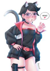 Rule 34 | 1girl, absurdres, animal ears, artist name, belt, black eyes, black hair, black jacket, black shirt, black shorts, boruto: two blue vortex, breasts, cat ears, cat girl, cat tail, choker, claw pose, collarbone, embarrassed, facial mark, feet out of frame, female focus, glasses, hand on own hip, hand up, hassylep, highres, jacket, kemonomimi mode, matching hair/eyes, multicolored jacket, naruto (series), open clothes, open jacket, parted lips, petite, red belt, red jacket, red shirt, shirt, short hair, shorts, single bare shoulder, single off shoulder, small breasts, solo, standing, strapless, strapless shirt, tail, thick thighs, thigh strap, thighs, two-tone jacket, two-tone shirt, uchiha sarada