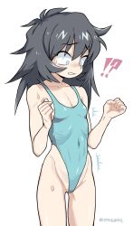 !? 1girl black_hair blue_eyes blue_one-piece_swimsuit breasts covered_navel dilated_pupils highleg highleg_one-piece_swimsuit highres looking_down messy_hair one-piece_swimsuit original oyatsu_(mk2) simple_background small_breasts solo swimsuit white_background