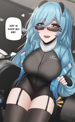 1girl absurdres biker_clothes bikesuit black_bodysuit black_garter_straps black_gloves black_thighhighs blue_hair blue_jacket blue_nails bodysuit breasts english_text fingerless_gloves garter_straps glasses gloves hair_between_eyes hair_ornament heart highres jacket large_breasts logo long_hair mikuneki motorcycle on_motorcycle open_mouth original road scarf semi-rimless_eyewear sitting solo speech_bubble thighhighs white_scarf