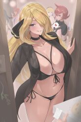 1other 5girls absurdres adapted_costume alternate_costume ambiguous_gender bikini black_bikini black_choker blonde_hair blush breasts calmgreentori character_request choker cleavage collarbone commentary_request cup cynthia_(pokemon) door earrings elesa_(pokemon) english_text glass grin hair_ornament hair_over_one_eye highres holding jacket jewelry large_breasts long_hair looking_at_viewer mars_(pokemon) mole mole_on_breast multiple_girls navel nintendo one_eye_covered open_clothes open_jacket opening_door out_of_frame pizza_box pokemon pokemon_bw pokemon_dppt red_eyes red_hair short_hair skyla_(pokemon) smile stomach sweat swept_bangs swimsuit table