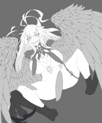 absurdres ahoge banhmixiumai bird_legs blush breasts commentary fate/grand_order fate_(series) feather_censor feathered_wings greyscale grin harpy highres jewelry large_breasts long_hair louhi_(fate) louhi_(third_ascension)_(fate) monochrome monster_girl navel necklace nude sharp_teeth sidelocks smile talons teeth tooth_necklace very_long_hair winged_arms wings