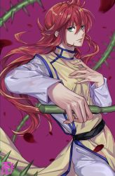 1boy belt_buckle buckle chinese_clothes cowboy_shot fighting_stance green_eyes hair_between_eyes halu-ca hand_on_own_chest high_collar highres holding holding_whip jumpsuit kurama_(yu_yu_hakusho) long_hair looking_at_viewer male_focus purple_background red_hair solo thorns tunic vine_whip white_jumpsuit yellow_tunic yuu_yuu_hakusho