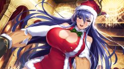 1boy 1girl :d action_taimanin akiyama_rinko antlers arch ballroom bare_shoulders blue_hair breasts chandelier christmas cleavage cleavage_cutout clothing_cutout cup dress drinking_glass faceless faceless_male fur_collar fur_trim fuuma_kotarou_(taimanin_series) game_cg gloves hat head_out_of_frame highres horns huge_breasts light lilith-soft long_hair looking_at_another looking_at_viewer open_mouth pov purple_eyes red_dress reindeer_antlers reindeer_hat santa_costume santa_hat smile sparkle taimanin_(series) taimanin_yukikaze tan very_long_hair white_gloves wine_glass