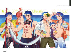 5boys blue_hair cherry chest_tattoo cinnamon_stick cu_chulainn_(caster)_(fate) cu_chulainn_(fate) cu_chulainn_(fate/stay_night) cu_chulainn_alter_(fate) fang fate_(series) fish food fruit goggles goggles_around_neck hawaiian_shirt ice_cream jewelry male_focus mini_cu-chan_(fate) multiple_boys necklace nipples oarfish open_clothes open_shirt pectorals pink-framed_eyewear ponytail red_snapper shirt shorts skin_tight star-shaped_eyewear star_(symbol) tattoo topless_male yukota_2631