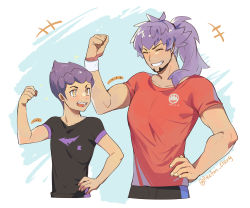 2boys absurdres artist_name brothers closed_eyes collarbone eyelashes facial_hair flexing hair_over_shoulder hand_on_own_hip highres hop_(pokemon) leon_(pokemon) long_hair multiple_boys nintendo open_mouth pokemon pokemon_swsh purple_hair red_shirt shirt short_hair short_sleeves siblings smile teeth tongue watermark yellow_eyes youchengyan