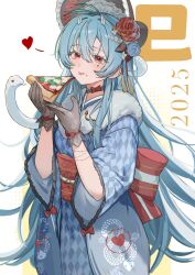 1girl 2025 alternate_costume animal antenna_hair ariko_(aaaaarik) azur_lane back_bow black_choker black_gloves blue_hair bonnet bow bracelet checkered_clothes checkered_kimono chinese_zodiac choker commentary english_commentary fake_horns flower flower_request food forked_tongue fur-trimmed_kimono fur_trim gloves hair_between_eyes hair_flower hair_ornament heart heart_print highres holding holding_food holding_pizza horns japanese_clothes jewelry kimono long_hair marco_polo_(azur_lane) mole mole_under_eye pizza pizza_slice red_bow red_hair sash simple_background snake snake_print solo spoken_heart symbol-shaped_pupils tongue upper_body white_background wide_sleeves year_of_the_snake