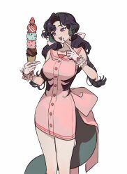 Rule 34 | 1girl, :d, alternate costume, anjo nala, black hair, breasts, cowboy shot, curled horns, dress, finger to mouth, food, food on face, frilled gloves, frills, fruit, gloves, green tail, grey horns, hands up, highres, holding, holding food, holding ice cream, horns, ice cream, index finger raised, large breasts, lizard tail, long hair, looking at food, low horns, low twintails, multiple scoops, open mouth, pencil dress, pink dress, pink gloves, purple eyes, reverse:1999, short dress, sleeveless, sleeveless dress, smile, solo, strawberry, szztzzs, tail, twintails