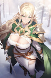 Rule 34 | absurdres, armor, baketsu, belt, blonde hair, boots, breasts, brown belt, brown boots, cleavage, cleavage cutout, clothing cutout, commentary request, elf, forest, gloves, green eyes, highres, large breasts, long hair, looking at viewer, mature female, nature, original, pauldrons, pelvic curtain, pointy ears, shoulder armor, single pauldron, snow, thighhighs, white gloves, white thighhighs
