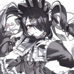 1girl ame-chan_(needy_girl_overdose) bow bowtie dress drill_hair frilled_dress frilled_sleeves frills frown grey_eyes greyscale hair_ornament hair_over_one_eye hair_ribbon hand_on_own_chest hand_up highres looking_at_viewer m_psycho_83 maid maid_headdress monochrome multicolored_nails needy_girl_overdose outstretched_arm ribbon short_twintails sidelocks solo sparkling_eyes twin_drills twintails upper_body white_background wide_sleeves x_hair_ornament