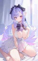 Rule 34 | 1girl, ascot, bare legs, bare shoulders, barefoot, black nails, blush, bow, bowtie, breasts, cleavage, closed mouth, collarbone, dress, drill hair, gem, hair ornament, hairband, highres, indoors, large breasts, long hair, looking at viewer, mole, mole under eye, multicolored hair, noios, on bed, open clothes, pointy ears, purple ascot, purple bow, purple bowtie, purple gemstone, purple hair, purple hairband, red eyes, sitting, solo, sweat, thighs, very long hair, vivian banshee, white dress, zenless zone zero