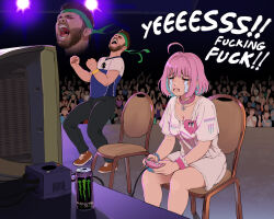 1boy 1girl ahoge audience belt_collar black_pants breasts can chair choker choppy_bangs clenched_hands closed_eyes collar collarbone colored_inner_hair commentary controller crt crying english_commentary english_text evolution_championship_series facial_hair frown game_console game_controller gamecube gamecube_controller giganticbuddha green_headband hair_intakes hands_up headband highres holding holding_controller holding_game_controller hungrybox idolmaster idolmaster_cinderella_girls indoors medium_breasts monster_energy multicolored_hair mustache nintendo open_mouth pants pepto_bismol pink_choker pink_hair real_life sad shirt short_hair short_sleeves shorts shouting sidelocks sitting stage stage_lights standing streaming_tears super_smash_bros. tears teeth tongue uvula white_shirt white_shorts wristband yumemi_riamu
