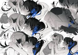2girls animal_ears asymmetrical_horns black_hair blue_hair blush breasts colored_inner_hair commentary dog_ears dog_girl dog_tail french_kiss hair_ornament hololive hololive_english horns kiss long_hair low_wings multicolored_hair multiple_girls nerissa_ravencroft open_mouth shiori_novella shorts split-color_hair sweat symbol-only_commentary tail tail_wagging tank_top two-tone_hair uneven_horns very_long_hair virtual_youtuber wings yellow_eyes yomosaka yuri