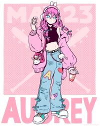 1girl animal_ear_headphones animal_ears aqua_eyes aubrey_(faraway)_(omori) aubrey_(omori) bag birthday black_shirt blush border braid character_name commentary crop_top dated denim drink english_commentary fake_animal_ears forest_bunny_(omori) frown full_body handbag headphones highres holding holding_drink holding_phone jacket jeans jewelry long_hair looking_at_viewer milkshake_bunny_(omori) mr._plantegg_(omori) multicolored_nails multiple_rings navel official_alternate_costume official_alternate_hairstyle official_art omocat omori pants phone pink_hair pink_jacket rabbit_ear_headphones ring shirt shoes single_bare_shoulder sleeveless sneakers solo torn_clothes torn_jeans torn_pants twin_braids white_border