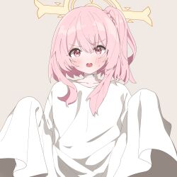 Rule 34 | 1girl, alternate costume, bandaged neck, bandages, blue archive, blush, braid, brown background, collarbone, feather hair, ghost costume, glimer3048, hair between eyes, halo, highres, long sleeves, looking at viewer, one side up, open mouth, pink eyes, pink hair, serina (blue archive), short hair, simple background, sleeves past fingers, sleeves past wrists, solo, sweatdrop, upper body, very long sleeves, yellow halo