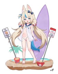 1girl :3 animal_ear_fluff animal_ears barefoot beach bikini bikini_bottom_only blonde_hair blue_bikini blue_bow blue_eyes blue_hair blue_nails blue_sailor_collar blue_scrunchie blush boppin bow bucket cat_ears collarbone commentary commission covered_erect_nipples crab crying_emoji dress emoji fangs fins fish_girl fish_tail flat_chest frilled_sailor_collar frills frontal_wedgie full_body hair_bow highleg highleg_bikini highres indie_virtual_youtuber loli long_hair low_twintails multicolored_hair nail_polish navel ocean one_side_up open_mouth paid_reward_available palm_tree road_sign sailor_collar sailor_dress sameko_saba sand scrunchie sign solo standing streaked_hair striped_bikini striped_clothes surfboard swimsuit tail toenail_polish toenails toes tree twintails two-tone_hair variant_set very_long_hair virtual_youtuber wedgie white_dress wrist_scrunchie