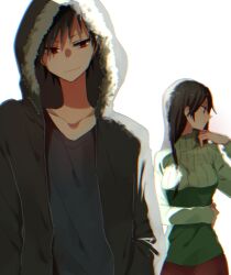 Rule 34 | 0819 chii, 1boy, 1girl, backlighting, black hair, breasts, brown eyes, collarbone, commentary request, durarara!!, fur trim, hand in pocket, highres, hood, jacket, long hair, long sleeves, looking at viewer, looking to the side, orihara izaya, partial commentary, profile, red eyes, shirt, short hair, skirt, smile, smirk, sweater, turtleneck, turtleneck sweater, upper body, white background, yagiri namie