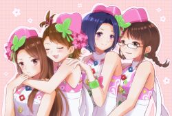 4girls absurdres akizuki_ritsuko behind_another blue_hair blush braid brown_eyes brown_hair butterfly_hair_ornament closed_eyes closed_mouth commentary earrings flower_symbol futami_ami glasses grid_background hair_ornament hat highres hug hug_from_behind idolmaster idolmaster_(classic) idolmaster_2 jewelry long_hair looking_at_another looking_back minase_iori miura_azusa multiple_girls open_mouth outline pink_background pink_eyes pink_hat princess_melody_(idolmaster) purple_eyes ryuuguu_komachi_(idolmaster) shirako_(srk_srtk) short_hair side_ponytail sleeveless smile symbol-only_commentary twin_braids upper_body white_outline
