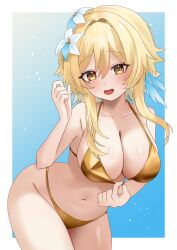 1girl bare_shoulders bikini blonde_hair blush breasts cleavage collarbone commentary_request cowboy_shot flower genshin_impact gold_bikini hair_between_eyes hair_flower hair_ornament highres ikurumidwd large_breasts looking_at_viewer lumine_(genshin_impact) medium_hair navel pulling_own_clothes swimsuit white_flower yellow_eyes