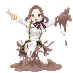 1girl \n/ artist_request bow brown_eyes brown_hair character_request copyright_request female_focus highres long_sleeves looking_at_viewer messy mud official_art outstretched_arms pleated_skirt simple_background skirt solo thighhighs twintails white_background white_thighhighs youkai_hyakki-tan!