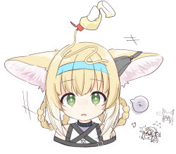 2girls ? ?? animal_ear_fluff animal_ears arknights bare_shoulders blonde_hair blue_hairband bottle braid braided_hair_rings choker confused cropped_shoulders disembodied_hand doodle_inset ears_down enji-kun flying_sweatdrops food food_on_head fox_ears green_eyes hair_rings hairband highres holding holding_bottle looking_at_viewer mayonnaise multiple_girls multiple_views object_on_head open_mouth simple_background solo_focus speech_bubble squeezing suzuran_(arknights) vulpisfoglia_(arknights) white_background