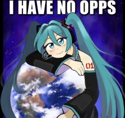 1girl aqua_eyes aqua_hair black_sleeves blush detached_sleeves earth_(planet) english_text grey_shirt hair_between_eyes hatsune_miku long_hair looking_at_viewer microphone mitsuko_tan planet shirt smile solo twintails vocaloid
