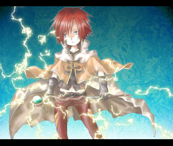 1boy belt black_belt black_gloves black_shirt blue_background brown_capelet cape capelet closed_mouth commentary_request cowboy_shot electricity electrokinesis gloves grey_eyes holding holding_staff letterboxed looking_at_viewer mage_(ragnarok_online) male_focus navel pants ragnarok_online red_hair red_pants shirt short_hair solo staff white_cape yuina_(yuina_h)