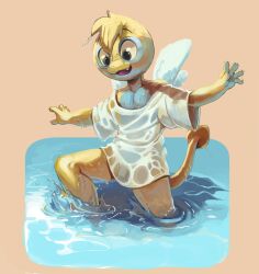 1boy apis blonde_hair blue_eyes bottomless dunsparce fang flaccid furry gen_2_pokemon male_focus monster_boy nintendo pectoral penis pokemon pokemon_(creature) see-through_clothes see-through_shirt shirt shota solo tail water wet wings