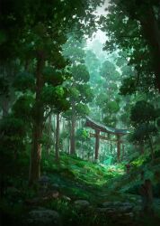 bush commentary cyclecircle day deer forest grass highres log nature no_humans original outdoors rope scenery shimenawa torii tree tree_stump