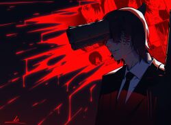 1boy 1girl absurdres black_hair black_jacket black_necktie blood blood_drip chainsaw_man collared_shirt dark eyepatch formal_clothes gun gun_devil_(chainsaw_man) handgun hayakawa_aki highres himeno_(chainsaw_man) hybrid jacket kenji_uz necktie red_theme shirt short_hair solo suit suit_jacket weapon white_shirt