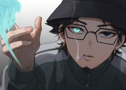 1boy black_hair black_hat cigarette dandadan earrings facial_hair glasses gold_earrings grey_jacket hand_up hashtag-only_commentary hat heterochromia highres jacket jewelry kashimoto_(dandadan) long_sleeves looking_at_viewer male_focus mouth_hold parted_lips short_hair solo straight-on teeth_hold track_jacket upper_body wolf6481