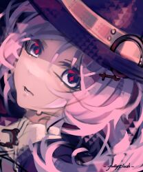 1girl artist_name artist_request blue_eyes closed_mouth detective_(silver_palace) female_detective_(silver_palace) female_focus formal_clothes hat long_hair looking_at_viewer purple_hair red_pupils shaded_face silver_palace sketch solo solo_focus suit