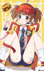 1girl ahoge badge black_necktie black_shorts blush brown_hair burger button_badge imadake_dabuchi_tabemi employee_uniform food gauze_on_knee green_eyes headset highres kazura loose_socks mcdonald&#039;s necktie open_happi open_mouth panties pinstripe_pattern pinstripe_shirt shirt shoes short_shorts shorts sitting socks solo spread_legs striped_clothes striped_panties twintails underwear upshorts visor_cap white_socks yellow_happi
