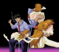 1boy 1girl amondetauro anus ass barefoot black_hair blue_shirt blush dress highres imminent_spanking kaji_ryouji necktie neon_genesis_evangelion orange_hair pussy shirt slap_mark smoking souryuu_asuka_langley spanked spanking yellow_dress