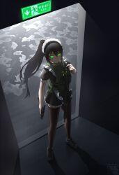 1girl absurdres ammunition_pouch apron assault_rifle backlighting black_dress brown_thighhighs closed_mouth dated dated_commentary dress eotech exit_sign expressionless frilled_apron frills from_above full_body glock glowing glowing_eyes gogo_(gogo_23) green_eyes gun gun_sling handgun highres holding holding_gun holding_weapon indoors load_bearing_vest m4_carbine magazine_(weapon) maid maid_apron maid_headdress muzzle_device open_door optical_sight original ponytail pouch puffy_short_sleeves puffy_sleeves rain rifle shadow short_sleeves sight_magnifier signature skindentation standing tactical_clothes tactical_maid thighhighs trigger_discipline unconventional_maid walkie-talkie weapon wet_ground white_apron zettai_ryouiki