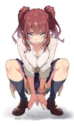 1girl black_socks blue_eyes blush breast_press breasts breasts_squeezed_together brown_hair brown_shoes cardigan cardigan_around_waist cleavage clothes_around_waist gyaru kneehighs kogal large_breasts looking_at_viewer m_legs original platform_shoes saeki_shun scrunchie shoes simple_background socks solo squatting twintails white_background wrist_scrunchie