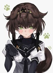 Rule 34 | 1girl, anchor symbol, animal ears, aogisa, black bodysuit, black hair, black neckerchief, black sailor collar, blush, bodysuit, brown hair, closed mouth, clothes writing, commentary, dog ears, dog girl, dog tail, green eyes, hachimaki, hair between eyes, hair flaps, hatsuzuki (kancolle), headband, highres, kantai collection, kemonomimi mode, looking at viewer, neckerchief, paw pose, paw print, sailor collar, school uniform, serafuku, simple background, solo, symbol-only commentary, tail, upper body
