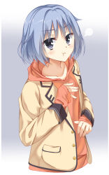 1boy :t blue_hair blush buttons closed_mouth collarbone commentary_request eyes_visible_through_hair fuyukichi_(nikoniko1567) grey_background grey_eyes hair_between_eyes hands_up highres hood hood_down hoodie jacket kikka_academy_school_uniform long_sleeves looking_at_viewer male_focus medium_hair open_clothes open_jacket orange_hoodie pout puff_of_air riddle_joker school_uniform simple_background sleeves_past_wrists solo suou_kyouhei upper_body v-shaped_eyebrows yellow_jacket