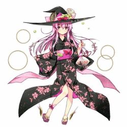 Rule 34 | 1girl, bag, bagged fish, black kimono, blush, bow, breasts, closed mouth, earrings, expressionless, fish, floral print, full body, geta, goldfish, hand fan, hat, japanese clothes, jewelry, kai-ri-sei million arthur, kimono, large hat, long hair, long sleeves, looking at viewer, medium breasts, million arthur (series), nimue (kaku-san-sei million arthur), obi, paper fan, pink hair, red eyes, refeia, sash, solo, summer festival, uchiwa, yukata