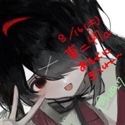 1girl :d aegyo_sal ame-chan_(needy_girl_overdose) bandaged_head bandages black_hair dilated_pupils hair_ornament hair_over_one_eye looking_at_viewer naishukketsukata neck_ribbon needy_girl_overdose open_mouth portrait red_eyes red_shirt ribbon shirt short_twintails smile solo twintails v x_hair_ornament