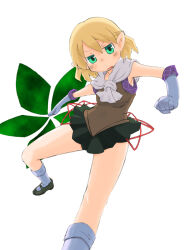Rule 34 | 1girl, adapted costume, bishoujo senshi sailor moon, black shoes, black skirt, blonde hair, blush, braid, breasts, brown shirt, commentary request, foot out of frame, gloves, green eyes, grey gloves, grey socks, half up braid, kazuiyun, looking at viewer, mary janes, mizuhashi parsee, open mouth, pointy ears, scarf, shirt, shoes, short hair, simple background, skirt, sleeveless, sleeveless shirt, small breasts, socks, solo, touhou, unofficial sailor senshi uniform, v-shaped eyebrows, white background, white scarf