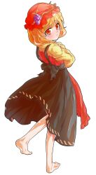 1girl aki_minoriko alphes_(style) apron barefoot blonde_hair commentary_request dairi food fruit full_body grapes hat long_sleeves looking_at_viewer neck_ribbon parody red_eyes ribbon ringed_eyes shirt short_hair skirt solo style_parody tachi-e tears touhou transparent_background wide_sleeves