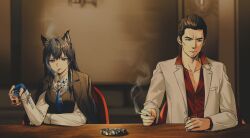 1boy 1girl animal_ear_fluff animal_ear_piercing animal_ears arknights ashtray bar_(place) black_hair black_vest blue_gloves cigarette coat coat_on_shoulders cup drinking_glass facial_hair fingerless_gloves formal_clothes gloves goatee grey_suit highres holding holding_cigarette holding_cup indoors kiryu_kazuma long_hair oxy_(ho2) red_shirt ryuu_ga_gotoku_(series) shirt shot_glass sitting smoke smoking suit texas_(arknights) texas_the_omertosa_(arknights) vest wolf_ears wolf_girl