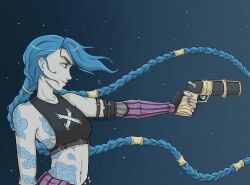 1girl aiming arcane:_league_of_legends arcane_jinx arm_tattoo black_gloves blue_hair blue_nails braid breasts cloud_tattoo commentary crop_top english_commentary fingerless_gloves gloves gun holding holding_gun holding_weapon jinx_(league_of_legends) league_of_legends long_hair low_twin_braids mickala_(mm.radish.art) midriff navel pale_skin pink_eyes pink_nails shoulder_tattoo sideboob small_breasts smile solo stomach_tattoo tattoo twin_braids upper_body very_long_hair weapon