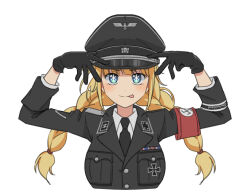 1girl armband black_cat03 black_gloves black_hat blonde_hair blue_eyes braid collar_tabs cross gloves hands_up hat iron_cross jacket long_hair military_dress_uniform military_jacket military_uniform nazi oshi_no_ko paripi_koumei red_armband solo ss_insignia ss_uniform swastika tongue tongue_out totenkopf tsukimi_eiko twin_braids