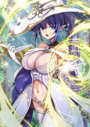 Rule 34 | 1girl, absurdres, alyssa (specktech), bare shoulders, blue eyes, blue hair, book, breasts, cleavage, commentary request, commission, dress, elbow gloves, gloves, hair between eyes, hat, highres, holding, holding book, large breasts, long hair, looking at viewer, magic circle, navel, open book, open mouth, phantasy star, phantasy star online 2, pointy ears, ponytail, ral (ralf), skeb commission, solo, thighhighs, thighs, white dress, white gloves, white hat, white thighhighs, witch hat