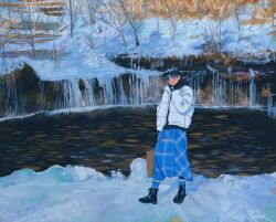 1girl bag black_hair blue_skirt blush boots day eniddin foliage full_body hat highres jacket lake long_sleeves original outdoors rock scenery shirt short_hair skirt smile snow socks solo standing tree water waterfall wide_shot winter